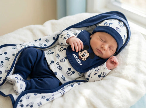 Newborn baby in Mickey Mouse-themed outfit sleeping on a soft surface