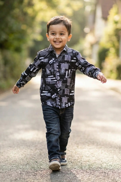 Child running on a road with trees and houses in the background